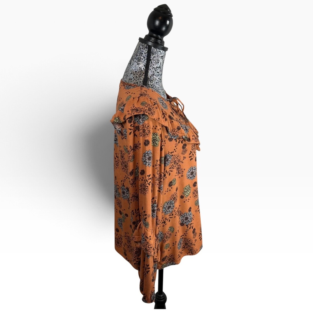 Sonoma Floral Boho Blouse Rust Orange Blue Green Ruffle Front Long Sleeve Size M - Picture 3 of 14